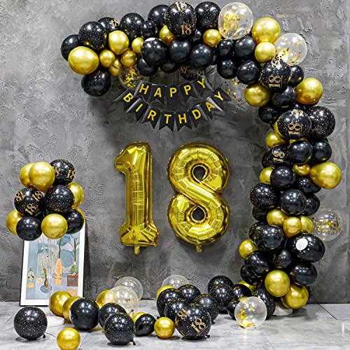 18 Geburtstag Deko, 18 Geburtstag Mädchen Junge, 18 Jahre Geburtstagdeko, Happy Birthday Girlande Ballon Schwarz Gold Dekoration, Deko 18 Geburtstag Konfetti Luftballons Birthday Party Mann Frauen von Maclunar