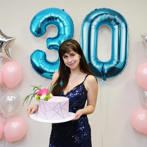 30 Geburtstag Deko zahlen luftballon 30 jahre | Folienballon Blau - für 30. Geburtstagsdeko Männer Frauen Ballon Zahl Deko zum Geburtstag fliegt mit Helium 30.Geburtstagsparty 40"-101cm von Maclunar