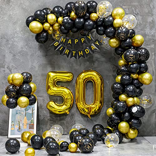 50 Geburtstag Deko, 50 Geburtstag Mann Frauen, 50 Jahre Geburtstagdeko, Happy Birthday Girlande Ballon Schwarz Gold Dekoration, Deko 50 Geburtstag Konfetti Luftballons Birthday Party von Maclunar