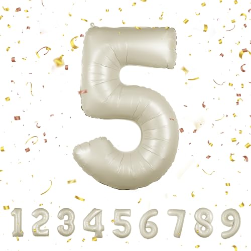 Luftballoons Beige5 Geburtstag zahlen luftballon 5 jahre | Folienballon Kindergeburtstag Deko 5 XXL Beige-Riesen Folienballon in 40" - 101cm Geburtstagsdeko - Ballon Zahl Deko zum Geburtstag von Maclunar