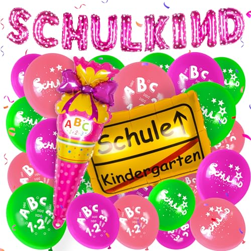 Einschulung Schuleinführung Schulanfang Deko Set für Mädchen,Rosa Einschulung Deko SCHULKIND Rosa Banner + Zuckertüte Luftballons ABC 123 + Schulanfang Folienballon Einschulung deko für Mädchen von Maclunar