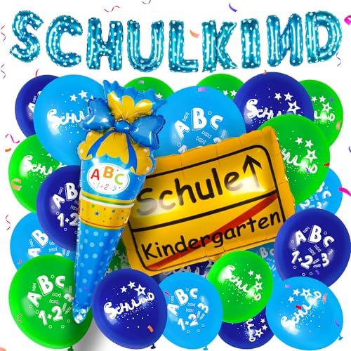 Einschulung Schuleinführung Schulanfang Deko Set für Junge,Blau Einschulung Deko SCHULKIND Blau Banner + Zuckertüte Luftballons ABC 123 + Schulanfang Folienballon Schulkind Einschulung deko für Junge von Maclunar