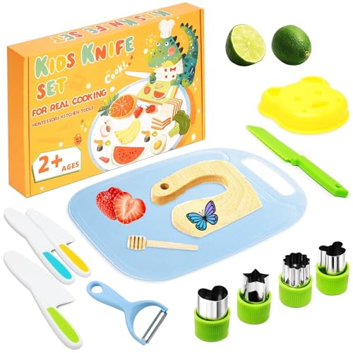 Macmoon 13 teiliges Kindermesser Set Kinder Sicherheit Küchenmesser für echtes Kochen mit Gemüse Ausstechformen, Holzmesser, Schneidebrett - für Kinder ab 2 Jahren (13 Stück blauer Schmetterling) von Macmoon