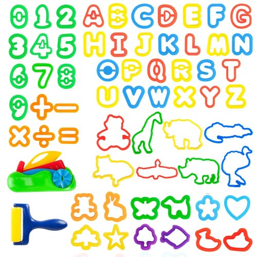 Macolily Knete Dough Set für Kinder, Knete Zubehör Plastilin Werkzeuge Buchstabenformen, Zahlenformen, Tierformschneider Küchenspielzeug 63 Stück von Macolily