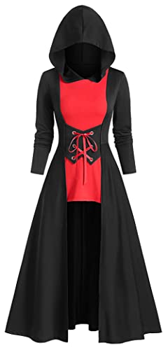 Maeau Damen Kleider Maxikleid mit Kapuze Gothic Kleider Renaissance Retro Robe Mittelalter Umhang Kleid Steampunk Lang Kapuzenkleid 3XL von Maeau