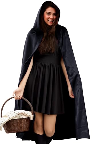 Maeau Damen Robe mit Kapuze Umhang Mittelalter Vampir Umhang Unisex Hexenumhang Herren Dracula Cape Leicht Schnüren Kapuzencape für Festlich Schwarz XS von Maeau