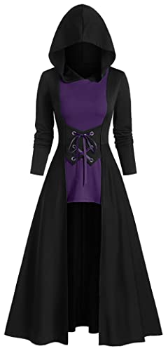 Maeau Kapuzenkleid Damen Renaissance Robe Langarm Punk Kleider Vintage Schnürrobe Steampunk Kleider Mittelalter Umhang Renaissance Maxi Kleider Cape XXL von Maeau