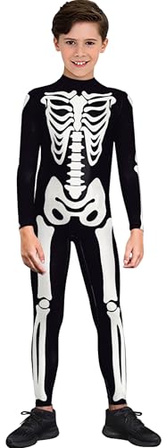 Maeau Kinder Bodysuit Unisex Skelett Overall 3D Druck Playsuit Mädchen Jungen Jumpsuit Haut Skelett Leotard Einteiler Horror Overall für Festlich Karneval 5-6 Jahre von Maeau