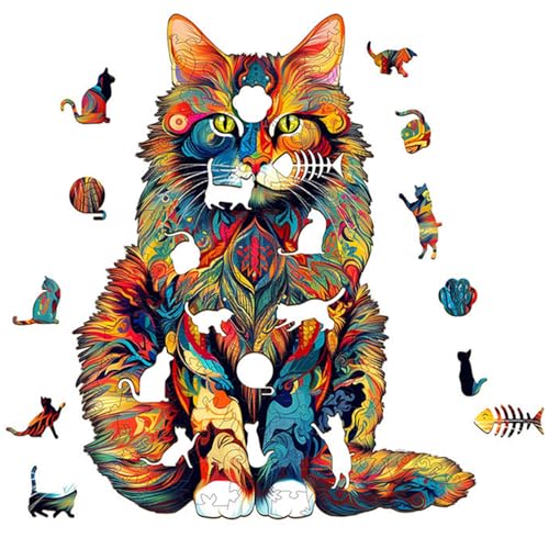 Mafagwre Katzen-Holzpuzzle, Einzigartiges Tierform-Puzzle 100/200/300 Teile, 3D-buntes Katzenpuzzle, Holzpuzzle Für Erwachsene Und Kinder (A) von Mafagwre