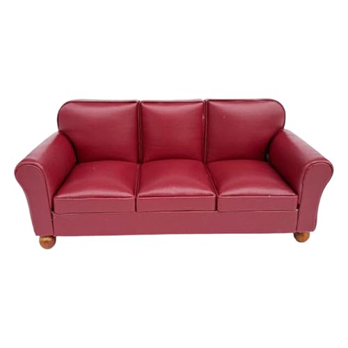 MagiDeal 1/12 Puppenhaus Sofa Möbel Lebensszene Simulation Zubehör Spielzeug Puppe Zubehör Dekoration für Wohnzimmer Ornamente, Rotes 3-sitzer-Sofa von MagiDeal