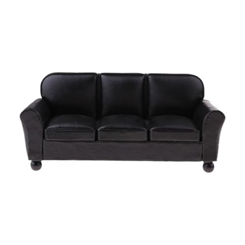 MagiDeal 1/12 Puppenhaus Sofa Möbel Lebensszene Simulation Zubehör Spielzeug Puppe Zubehör Dekoration für Wohnzimmer Ornamente, Schwarzes 3-sitzer-Sofa von MagiDeal