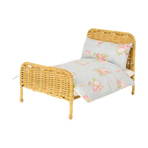 MagiDeal 1:12 Puppenhaus Doppelbett Modell Rattan Bett Modell DIY Szene Modell Miniatur Schlafzimmermöbel, Mini Bett, für Schlafzimmer Dekoration, C von MagiDeal