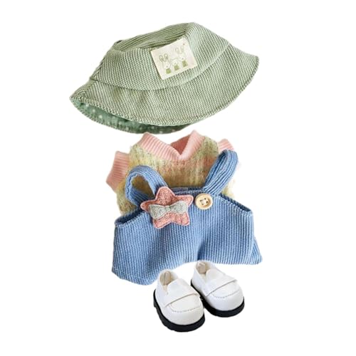 MagiDeal 15 cm große Plüschpuppenkleidung, Kuscheltier-Accessoires, Verkleidung, weiche Foto-Requisiten mit Hut, Modepuppen-T-Shirt und süßem Overall, Grüner Hut von MagiDeal