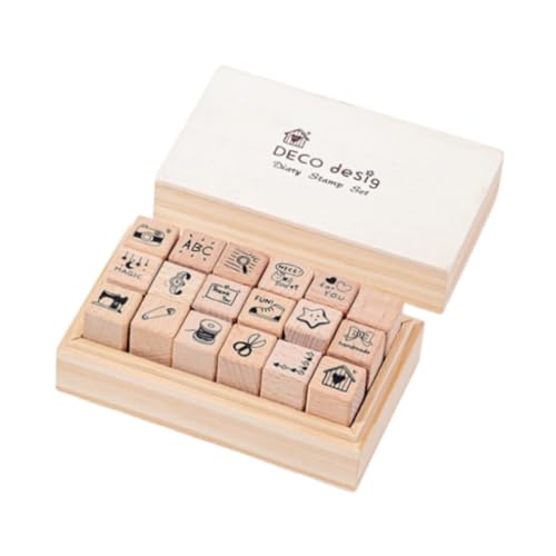 MagiDeal 18-teiliges Mini-Stempel-Set aus Holz und Gummi mit Aufbewahrungskoffer, Holzstempel, Tagebuch-Stempel-Set für Happy Planner, Malen, Scrapbooking von MagiDeal