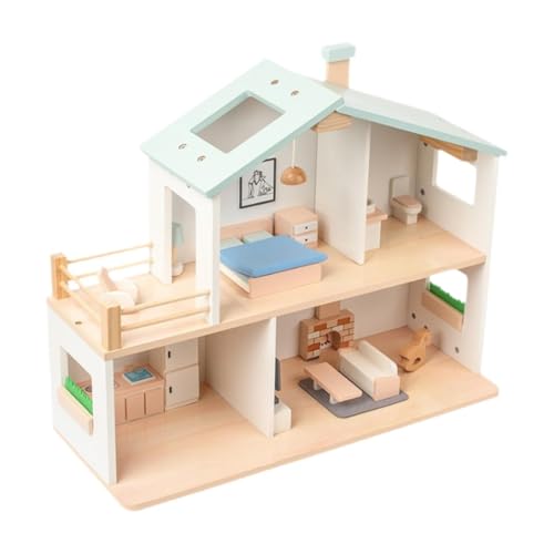 MagiDeal Puppenhaus aus Holz, Puppenhausspielzeug, 2-stöckiges Spielset für drinnen und draußen, Miniaturhaus, Haus im europäischen Stil für Kinder ab 3 Jahren von MagiDeal