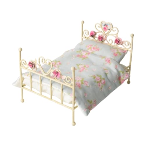 MagiDeal Puppenhausbett im Maßstab 1:12, Einzelbettmodell, Eisenbett, Mini-Puppenhausdekor, Kinderspielzeug, Miniatur-Puppenhausmöbel, Blaues Blumenmuster von MagiDeal