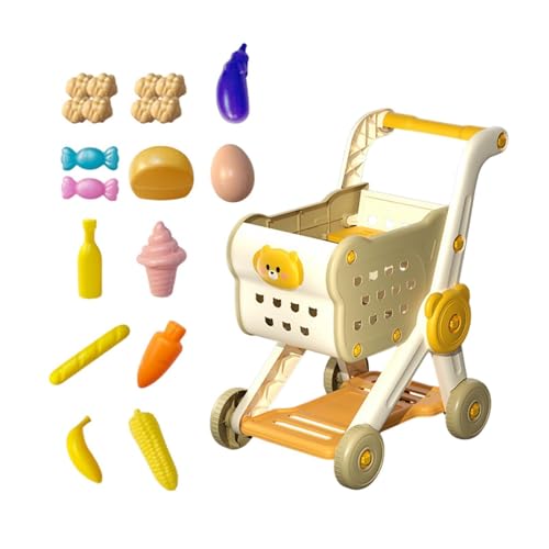 MagiDeal Toy Shopping Cart Schreibtisch Aufbewahrungszeug für Jungen Mädchen 3 Jahre alte realistische interaktive Einkaufskorb mit 15 PCS Spielen Essen, Beige von MagiDeal