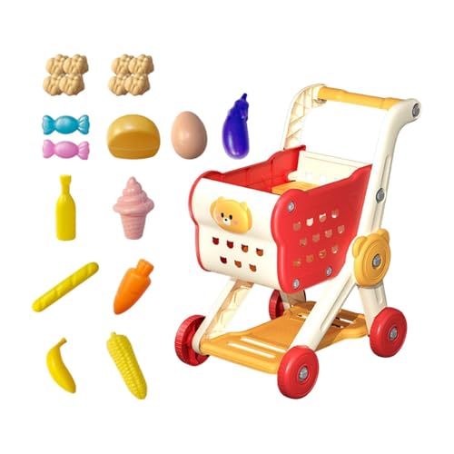 MagiDeal Toy Shopping Cart Schreibtisch Aufbewahrungszeug für Jungen Mädchen 3 Jahre alte realistische interaktive Einkaufskorb mit 15 PCS Spielen Essen, Rot von MagiDeal