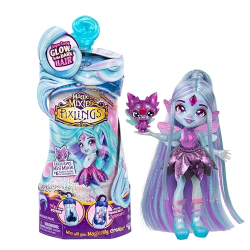 Magic Mixies PIXLINGS GALAXY HAIR FLYT Deluxe Puppe mit Deluxe Pixling Puppen, Mini Mixie Freund und Trankflasche mit Ständer von Magic Mixies