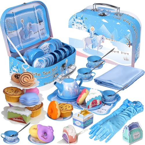 Magic4U 42pcs Teeservice Kinder Schneeprinzessin Spielzeug für kleine Mädchen Rollenspielset mit Prinzessin Hand Socken inklusive Zinn Tee Set und Dessert Spielzeug für Kinder ab 3 Jahren von Magic4U