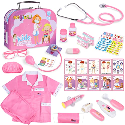 Magic4U Arztkoffer Kinder,Doktorkoffer Zubehör Spielset 34 Teiliges Doktorkoffer mit Stethoskop Thermometer Spritze Arzttasche Hüte Masken Arztkittel Geschenk Pretend Doctor Kinderspielzeug von Magic4U