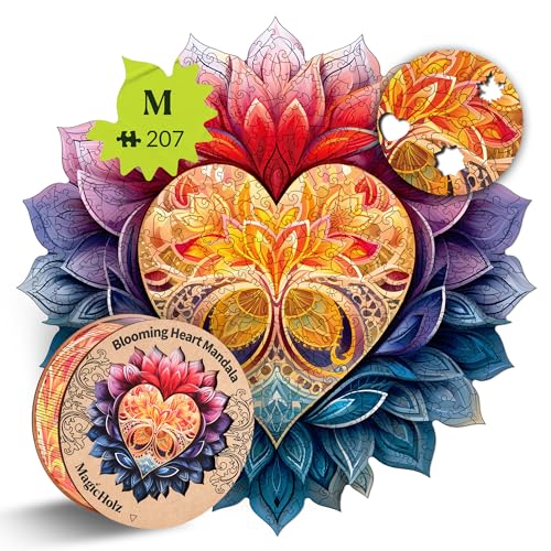 MagicHolz – Holzpuzzle Mandala Blühendes Herz – rundes Holz Puzzle Ø 27 cm – besondere Geschenkidee für Erwachsene & Kinder – inkl.Premium Holzbox von MagicHolz