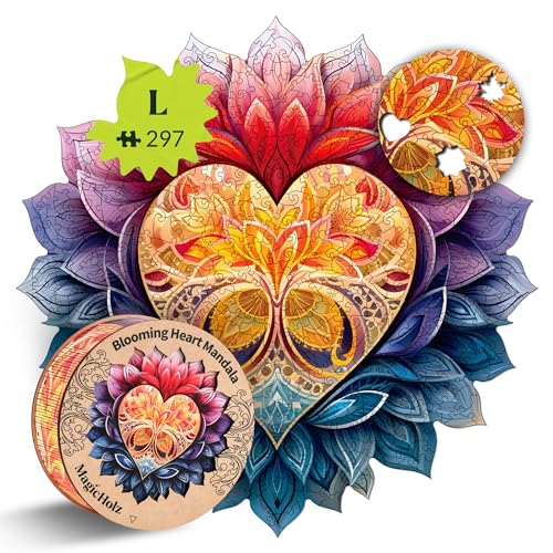 MagicHolz – Holzpuzzle Mandala Blühendes Herz – rundes Holz Puzzle Ø 35 cm – besondere Geschenkidee für Erwachsene & Kinder – inkl.Premium Holzbox von MagicHolz