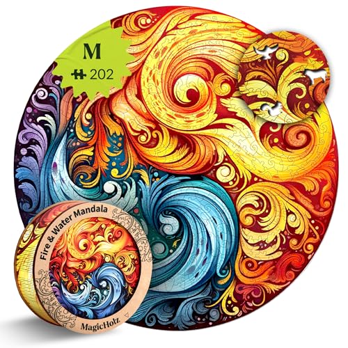 MagicHolz – Holzpuzzle Mandala Feuer und Wasser – rundes Holz Puzzle Ø 27 cm – besondere Geschenkidee für Erwachsene & Kinder – inkl.Premium Holzbox von MaHo