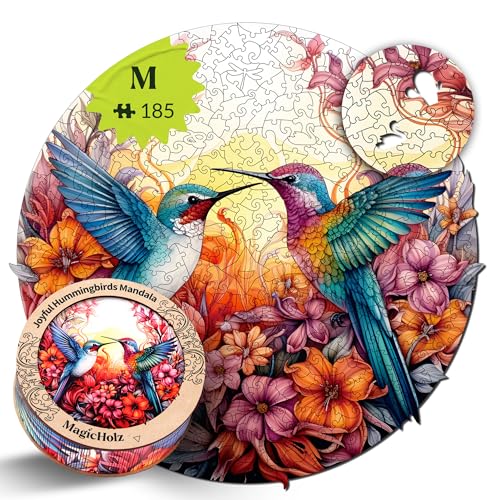 MagicHolz – Holzpuzzle Mandala Fröhliche Kolibris – Holz Puzzle 27 x 28 cm inkl.Premium Holzbox – besondere Geschenkidee für Erwachsene & Kinder von MaHo