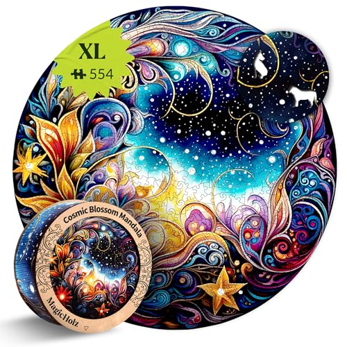 MagicHolz – Holzpuzzle Mandala Kosmische Blüten – rundes Holz Puzzle Ø 47 cm – besondere Geschenkidee für Erwachsene & Kinder – inkl.Premium Holzbox von MaHo