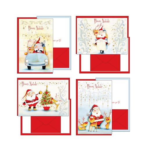 Set mit 12 Weihnachtskarten in 4 Motiven, Format 12 x 18 cm, mit Geldbeutel, hergestellt aus hochwertigem Karton, hergestellt in Italien von Magicamente Carta