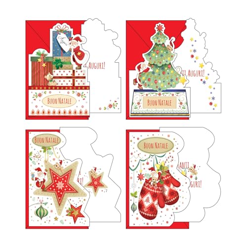 Set mit 12 Weihnachtskarten in 4 Motiven, Format 12 x 18 cm, mit Gold- und geprägten Verzierungen, hergestellt aus hochwertigem Karton, hergestellt in Italien von Magicamente Carta