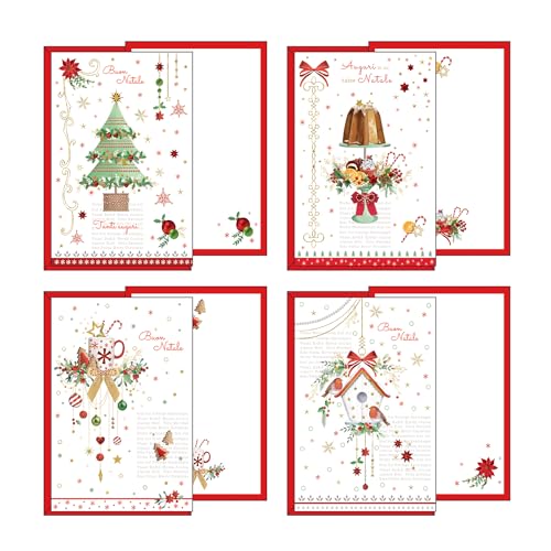 Set mit 12 Weihnachtskarten in 4 Motiven, Format 12 x 18 cm, mit Gold- und geprägten Verzierungen, hergestellt aus hochwertigem Karton, hergestellt in Italien von Magicamente Carta