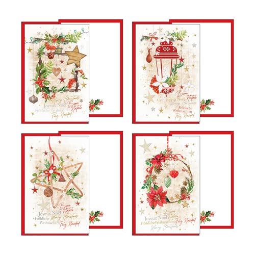 Set mit 12 Weihnachtskarten in 4 Motiven, Format 12 x 18 cm, mit Gold- und geprägten Verzierungen, hergestellt aus hochwertigem Karton, hergestellt in Italien von Magicamente Carta