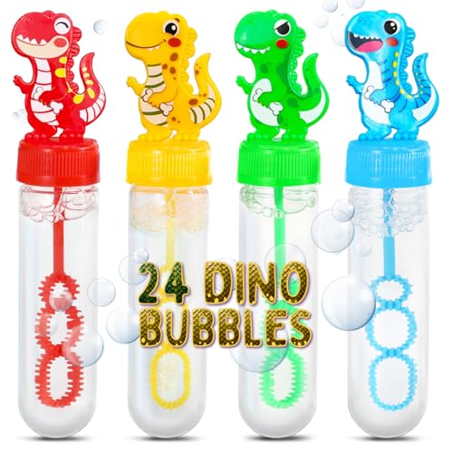 Magicat XXL Seifenblasen Set für Kinder, 24er Set Seifenblasen mit lustigen Dino Griffen, Mitgebsel Kindergeburtstag, Seifenblasen Flüssigkeit je 30ml, Seifenblasen Hochzeit, Seifenblasen Kinder von Magicat