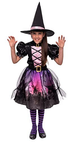 Magicoo Burghexe Hexenkostüm für Mädchen Kinder Rosa Schwarz - von Gr 104 bis 140 - Halloween Hexe-Kostüm Kind Halloweenkostüm (122/128) von Magicoo