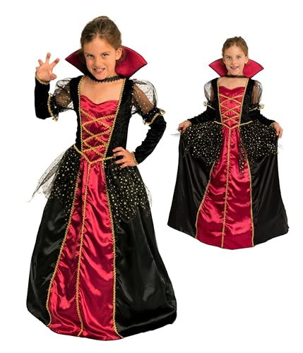 Magicoo Elegante Vampirin - Vampir Kostüm Kinder Mädchen rot-schwarz-Gold - Halloween Vampirkostüm Kind Gr. 110 bis 140 (122/128) von Magicoo