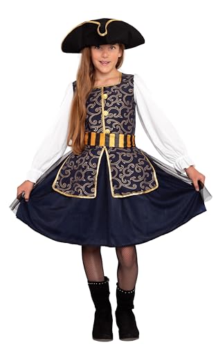 Magicoo elegantes Piratenkostüm Mädchen Kinder Blau/Gold Gr 110 bis 146 inkl. Kleid & Hut - Piraten Kostüm Fasching (110/116) von Magicoo