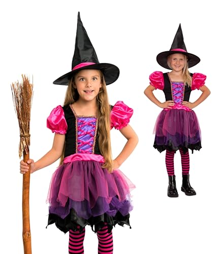 Magicoo Hexenkostüm Kinder Mädchen Halloween Kind Hexe Kostüm Hexenkleid Rosa (92/104) von Magicoo