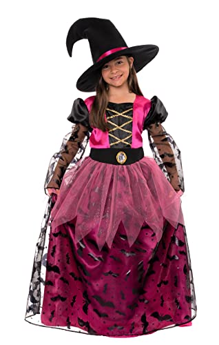 Magicoo Fledermaus Prinzessin Rosa Hexenkostüm für Kinder Mädchen inkl. langes Kleid, & Hexenhut - Gr 104 bis 140 - Halloween Hexe-Kostüm Kind (110-116) von Magicoo