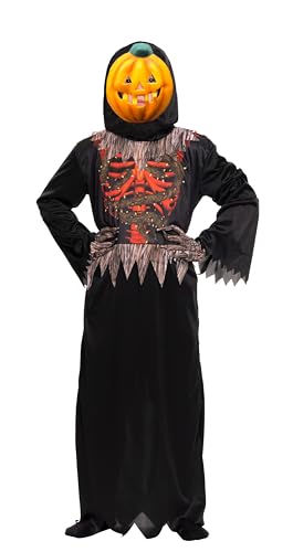 Magicoo Halloween Kürbis Skelett Kostüm Kinder orange Jungen schwarz inkl. Robe, Handschuhe & Maske - Halloween Gespenst Dämon Skelettkostüm Kind (L (134-140)) von Magicoo