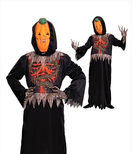 Magicoo Halloween Kürbis Skelett Kostüm Kinder orange Jungen schwarz inkl. Robe, Handschuhe & Maske - Halloween Gespenst Dämon Skelettkostüm Kind (M (122-128)) von Magicoo