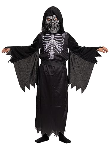 Magicoo Halloween Sensenmann Skelett Kostüm Kinder Jungen schwarz Gespenst Dämon Kind (XL (146-152)) von Magicoo