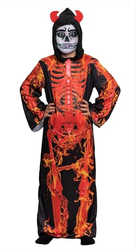 Magicoo Halloween Teufel Skelett Kostüm Kinder Jungen schwarz rot inkl. Robe mit Kapuze - Halloween Gespenst Teufelskostüm Kind Skelettkostüm (L (134-140)) von Magicoo