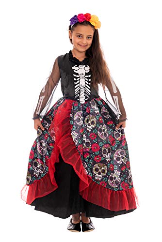 Magicoo Halloween mexikanisches Skelett Kostüm Kinder Mädchen inkl. Kleid & Haarreifen - Gr 110 bis 140 - Vampir Kostüm Kind Hexenkostüm (110/116) von Magicoo