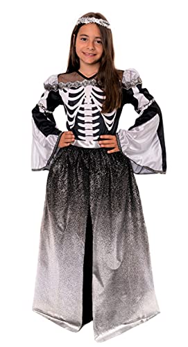 Magicoo Halloween silbernes Prinzessin Skelett Kostüm Kinder Mädchen inkl. Kleid & Kopfschmuck - Gr 110 bis 140 - Vampir Kostüm Kind Hexenkostüm (medium (120-130cm)) von Magicoo