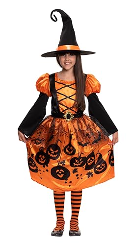 Magicoo Hexenkostüm Kinder Mädchen Halloween Hexe Kostüm Kind Orange 2-teiliges Set (L Large (134-140)) von Magicoo