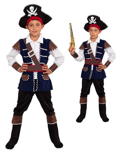 Magicoo Kapitän Piratenkostüm Kinder Jungen Blau/Schwarz/Gold Gr. 92 bis 140 - Fasching Pirat Kostüm Kind (L Large 134-140) von Magicoo