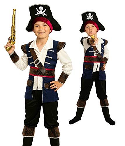 Magicoo Kapitän Piratenkostüm Kinder Jungen Blau/Weiß/Schwarz Gr. 92 bis 140- Fasching Pirat Kostüm Kind (134/140) von Magicoo