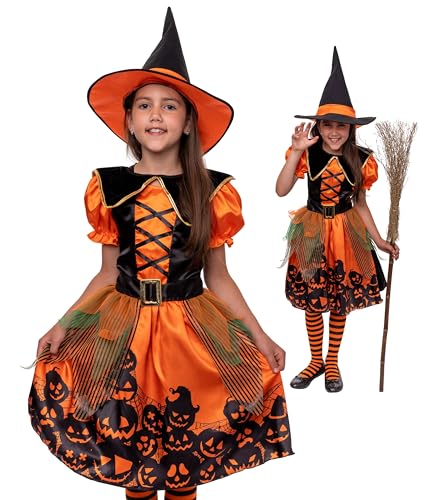 Magicoo Kürbis Hexenkostüm für Mädchen Kinder Orange - von Gr 104 bis 140 - Halloween Hexe-Kostüm Kind (110/116) von Magicoo